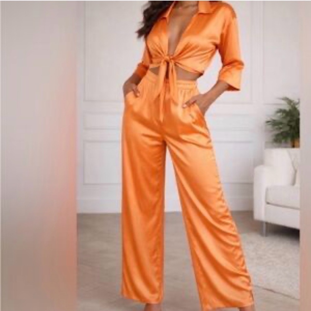 House of Harlow 1960 Satin Wide Leg Pants in Vibrant Orange